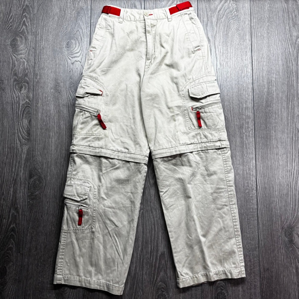 Vintage Bugle Boy Kids Khaki Zip Off Convertible Cargo Pants Red Belt Y2K 14
